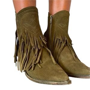 Free People | Women’s Lawless Fringe Ankle Boots in Olive Green Size 6.5 NWOB